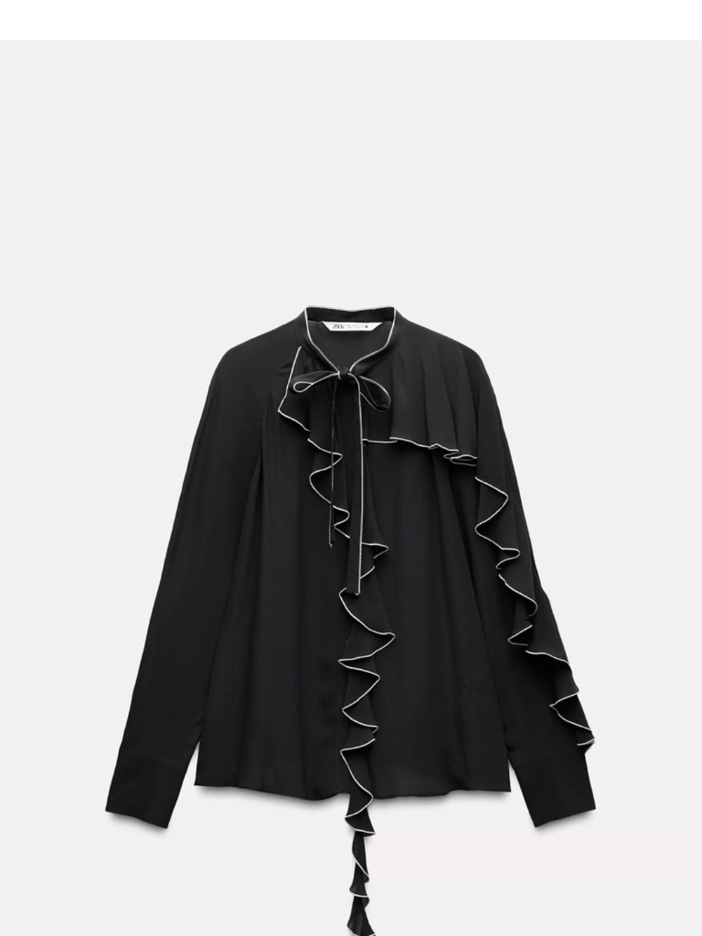 Zara Black Ruffle-Trim Tie-Neck Blouse